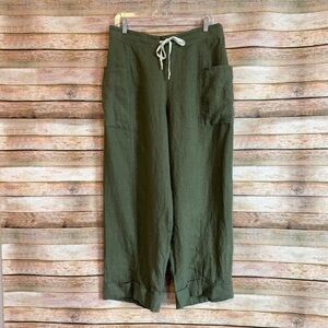 FLAX Women's Olive Green 100% Linen Cargo Rolled Hem Drawstring Pants Size M